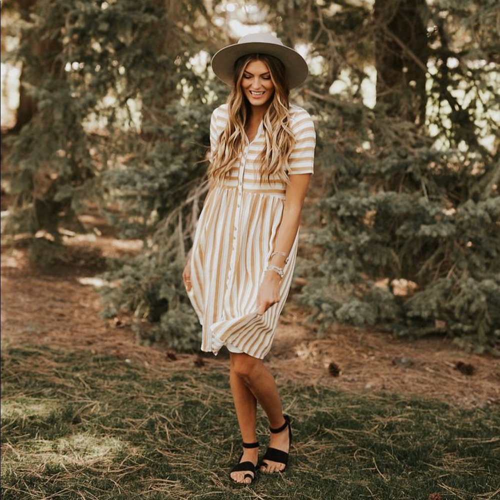 Roolee Cream and White Striped Button-Front Midi Dress